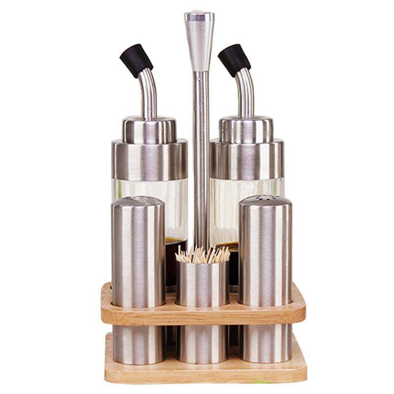 4不锈橡油木座调味罐套装创意厨房瓶酱油瓶桌XRX0面餐桌味瓶5件钢