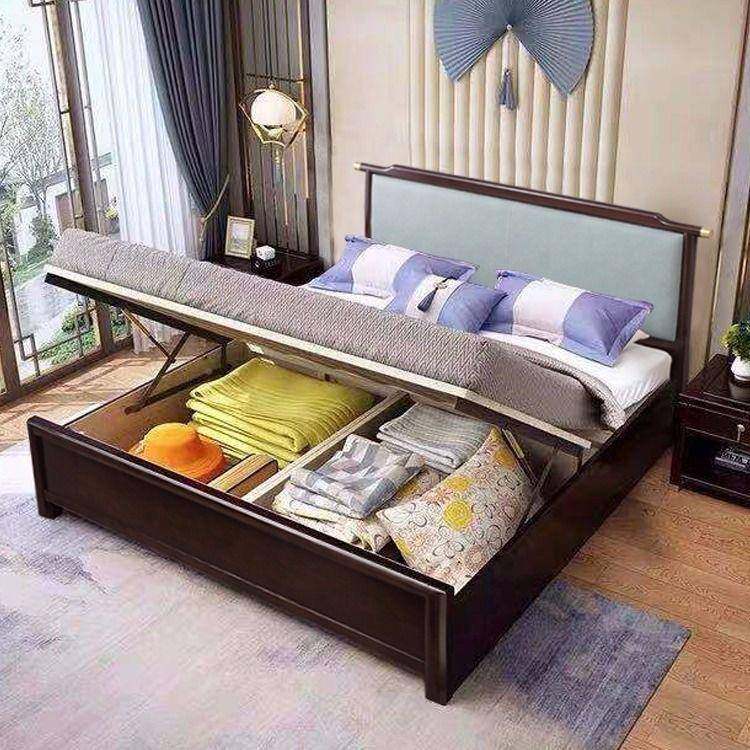 新中式橡胶木全米实木床NGM双人1储.8现代床简约1.5米软包物卧室