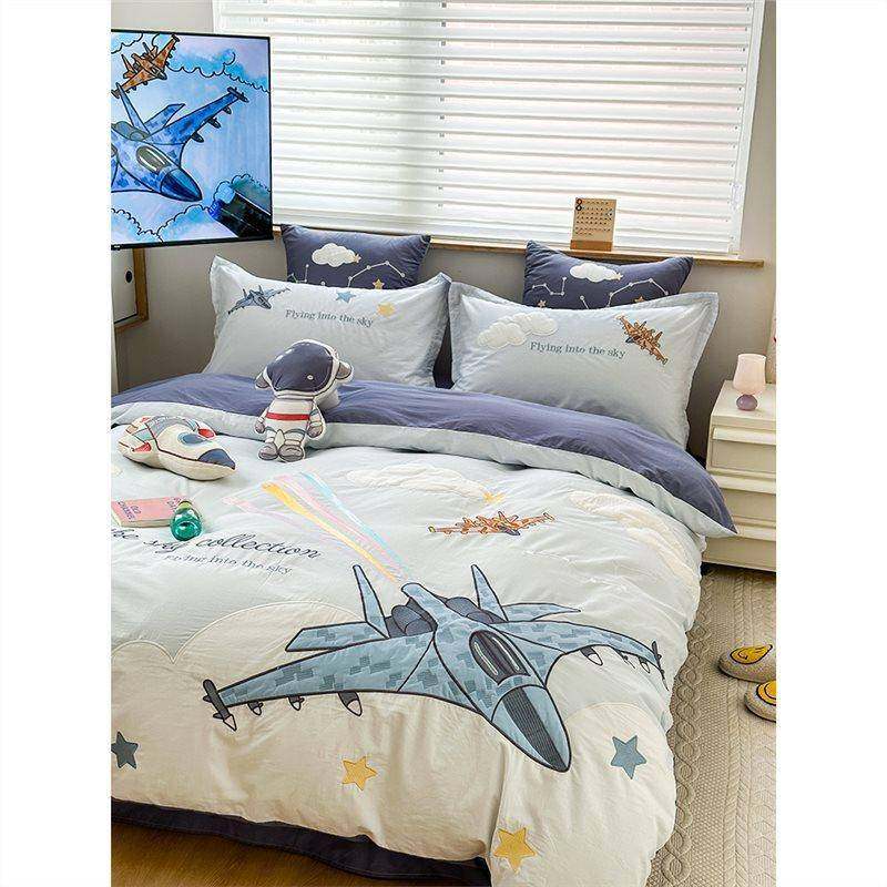 卡通小飞机孩男纯棉水件洗棉四全棉儿童可爱被HNI套套三件套床上