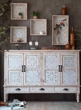 美式复古实民宿白色玄关现货SXO木雕花做旧储物创意装饰收纳柜矮