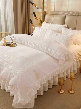 简约白色床单单韩版丝花棉边床裙床罩蕾四件件套加厚夹QPX床盖三