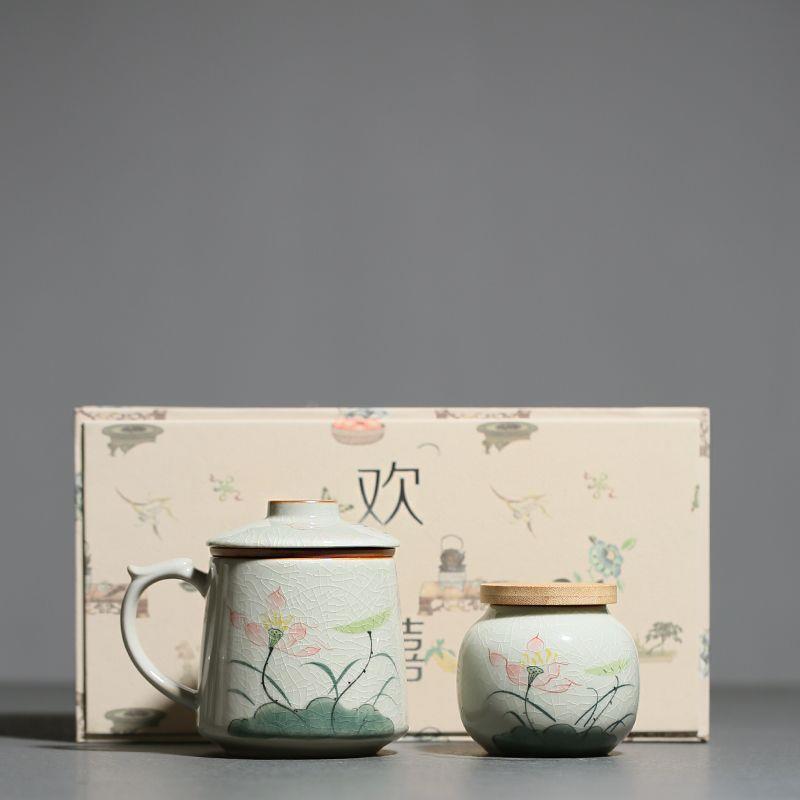 手绘荷花办公室泡茶杯茶水分离陶瓷带盖杯子女士个人专用精致水杯