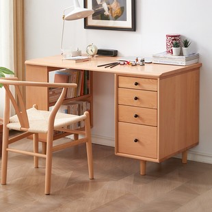 实木书桌书架一体桌学生家用学习桌写字桌小户型卧室工作台带书柜