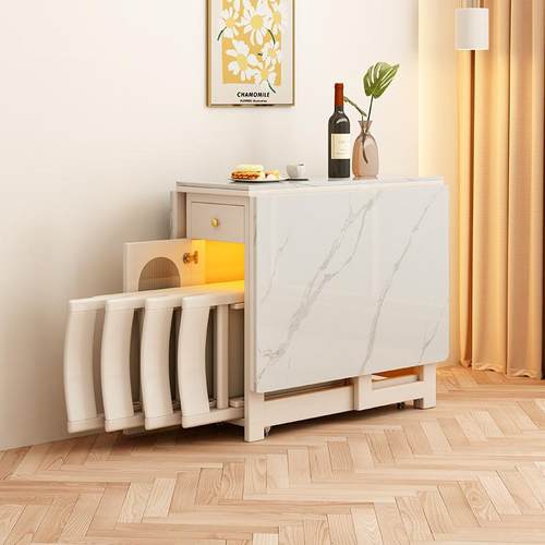 奶油风实饭木岩板型折叠餐桌XEI动椅组合可移伸缩小户家用超薄储