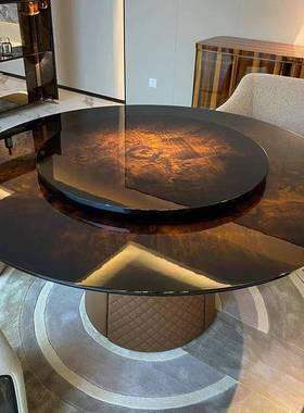 意式轻奢Bentey圆形实木树082瘤漆利餐桌椅宾烤别墅样板房餐l桌椅