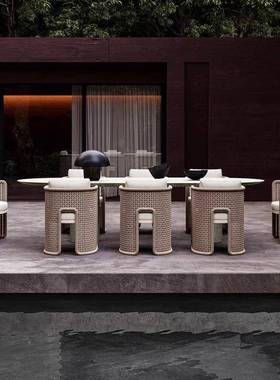 户外桌椅餐桌藤椅西餐厅长桌理石藤编室庭外院大花露5642天园别墅