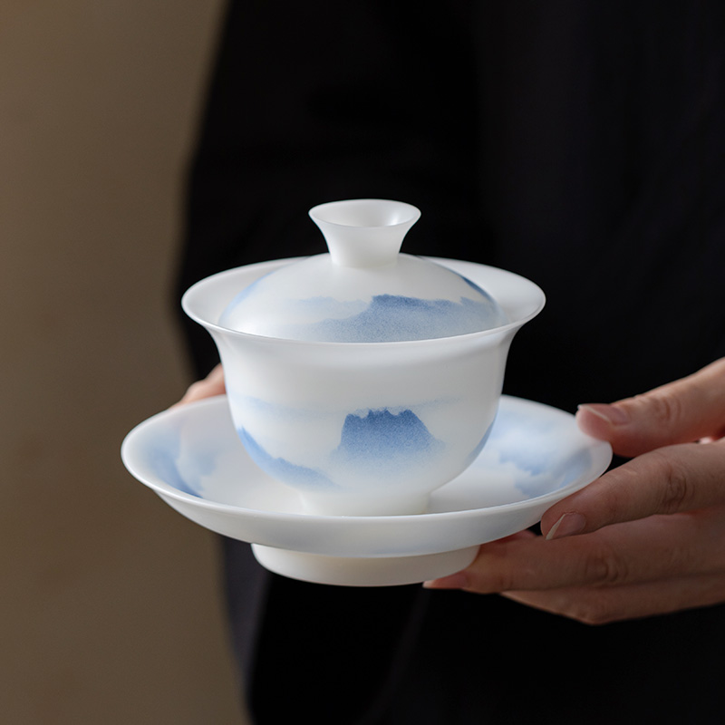 冰种羊脂玉白瓷三才盖碗单个高档家用功夫茶具陶瓷大号泡茶碗茶杯