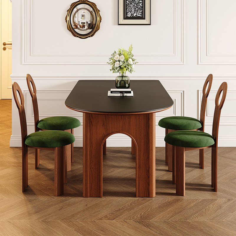 天然洞石岩板岛台餐桌椅法式中古风餐厅家用实木白蜡木饭桌子