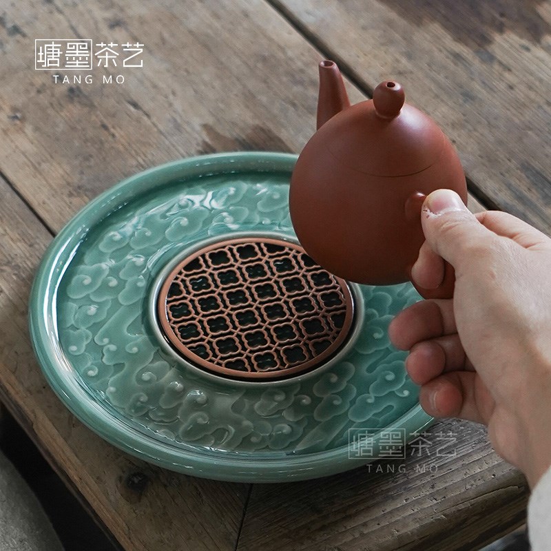 陶瓷梅子青壶承手工青瓷影雕复古干泡台盖碗茶盘茶壶底座茶道配件