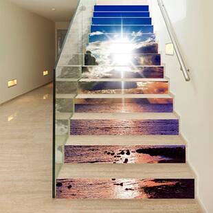 13片装海边日出风景楼梯贴自粘防水防污壁画楼梯踏步翻新装饰地贴