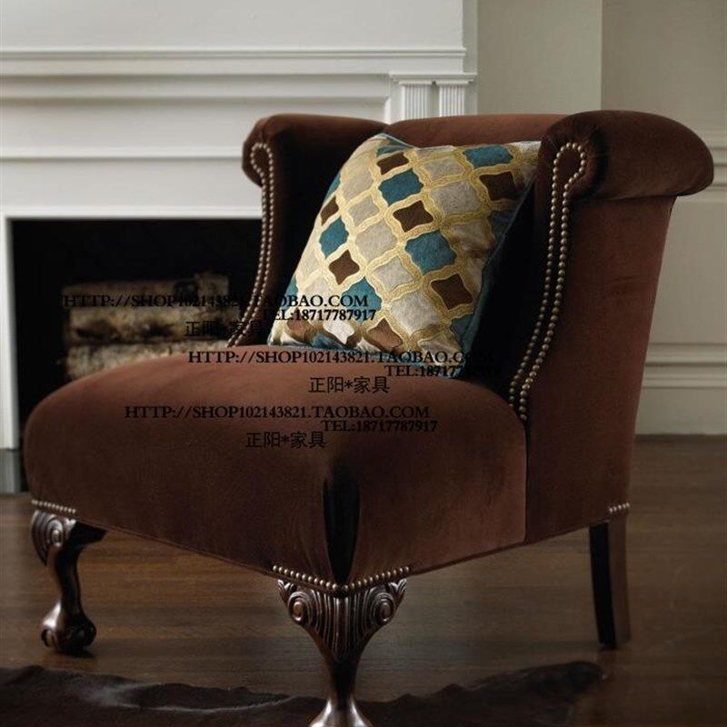 新古典比利时法式乡村风格铆钉布艺单人位沙发椅洽谈椅样板房家具