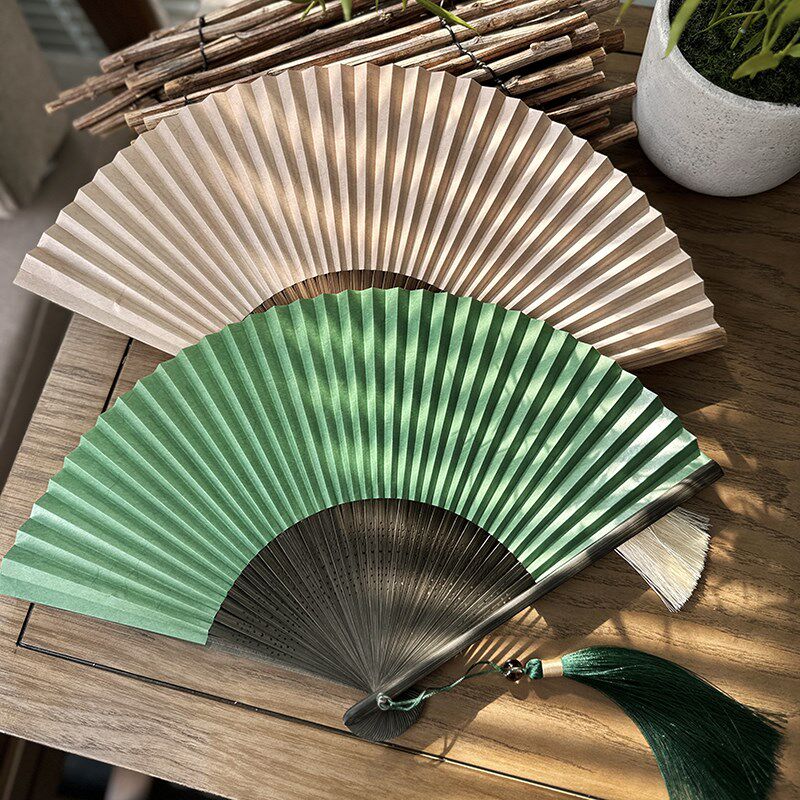 芷墨古风竹柄折扇6寸穿面纸扇空白书画DIY扇子素面纯色彩色纹理