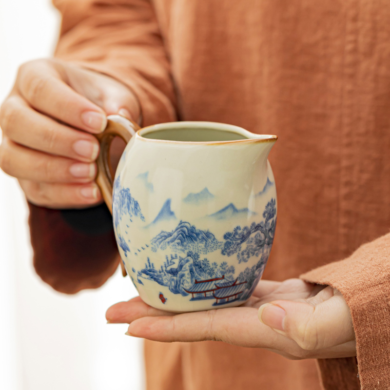 青花汝窑美人公道茶杯功夫茶具陶瓷茶海公道杯家用单个分茶器公杯