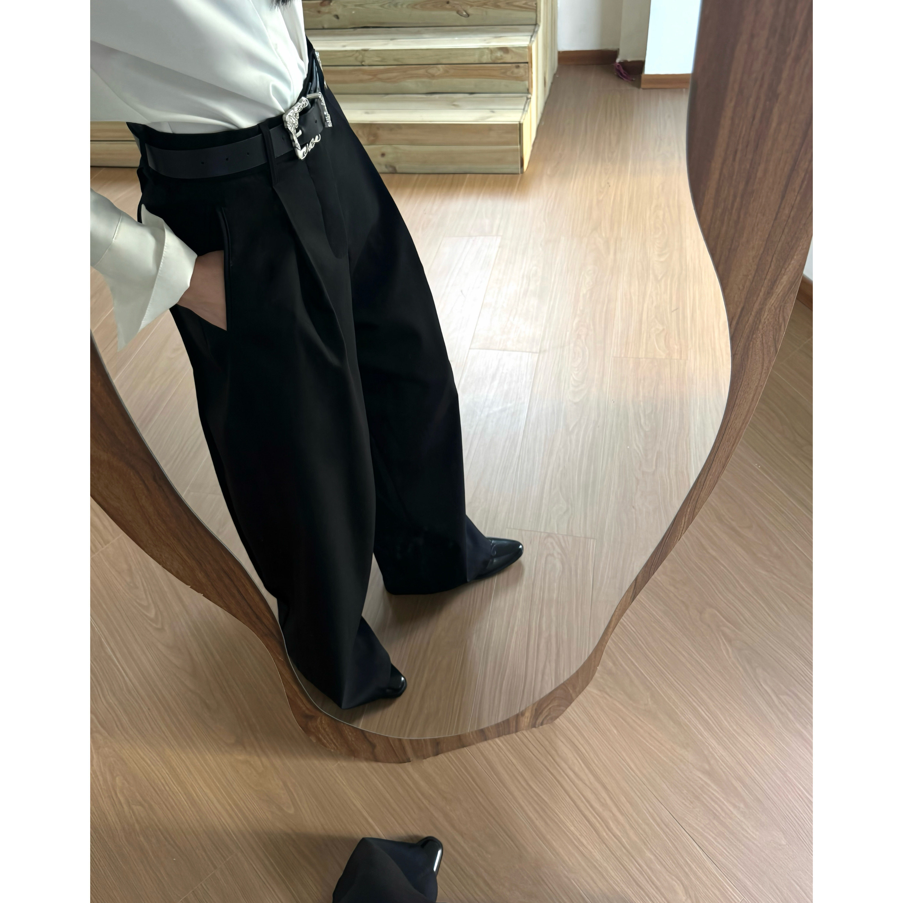黑色高腰直筒阔腿裤cleanfit裤子