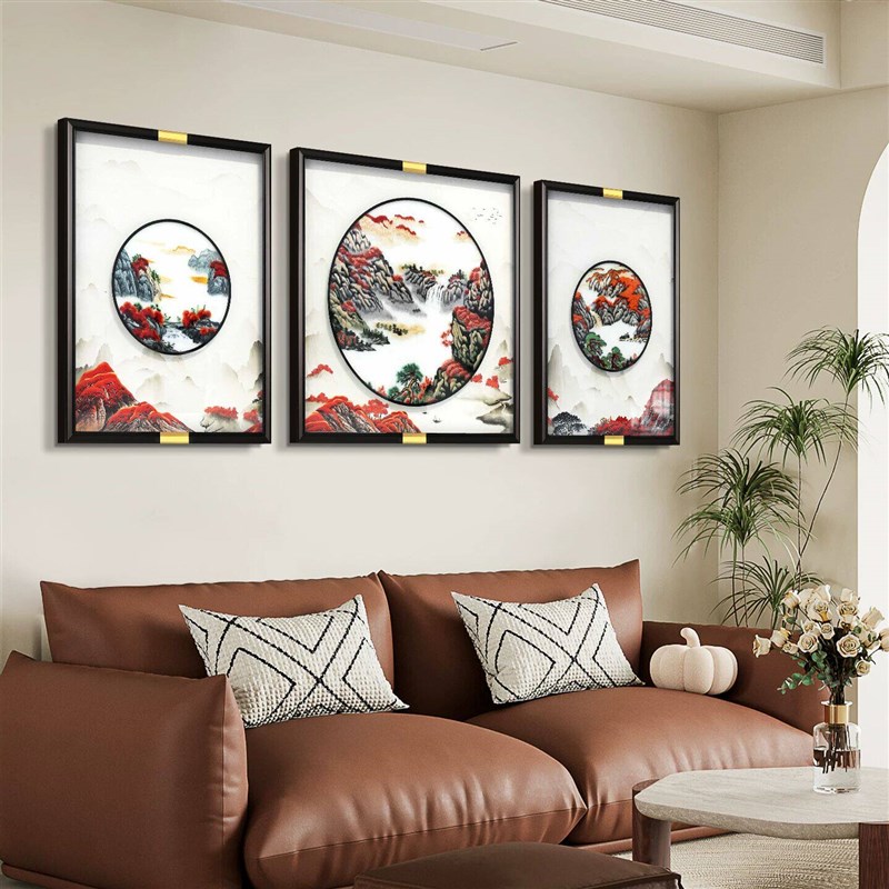 苏绣精品客厅挂画沙发背景墙装饰画3d立体壁画刺绣鸿运当头三联画