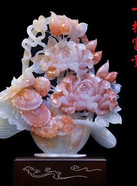天然玉石雕刻一揽富贵摆件牡丹花家居客厅装饰办公室乔迁开业送礼