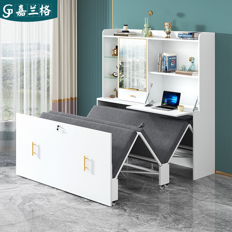 多功能午休折叠床柜家用小户型单人款伸缩床实木妆台书桌书架一体