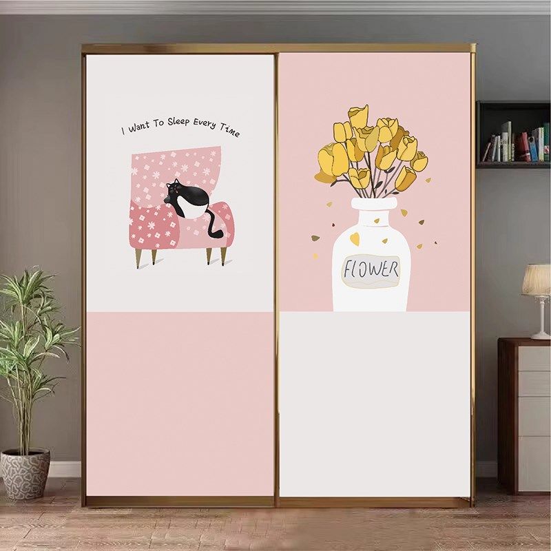 慢生活猫和花卉清新衣柜贴纸翻新自粘防水墙纸门贴纸木门翻新自粘