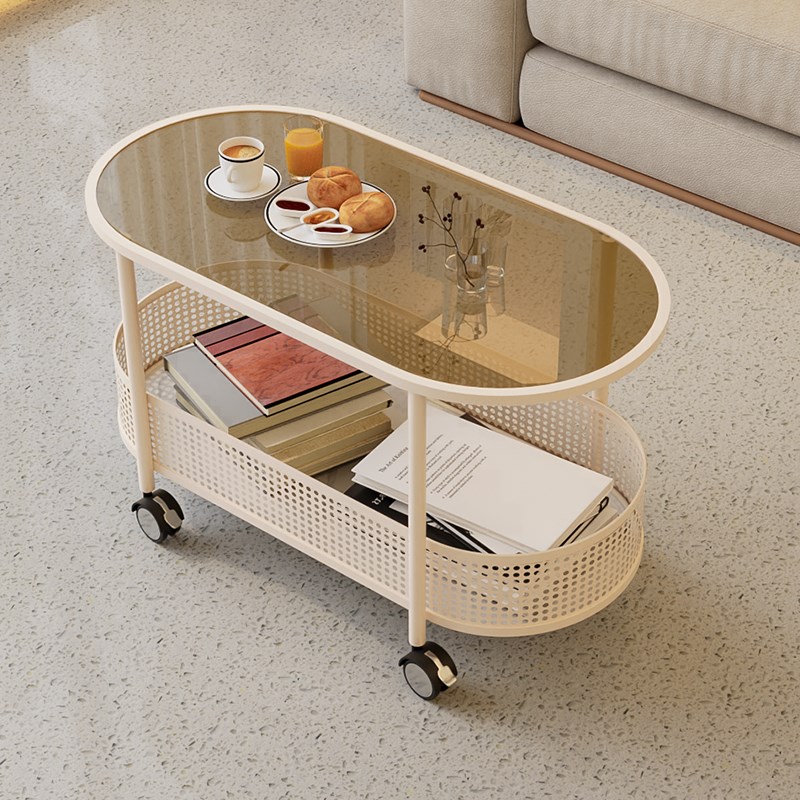 奶油风客厅茶几家用小户型可移动小推车简约现代创意玻璃小桌子