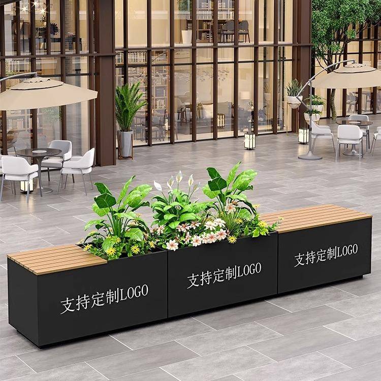 塑木花箱户外不锈钢坐凳组合铁艺花盆室外摆花坛座椅移动卡座图片
