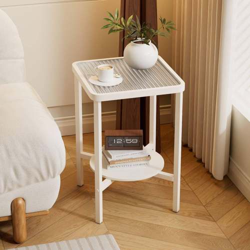 现代简约家用边几沙发边桌钢化玻璃正方形小茶桌小户型奶油风铁艺