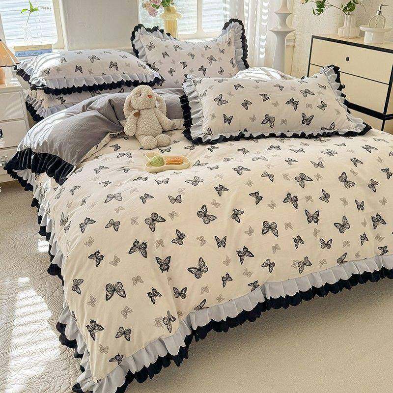 复古法式赫风水本洗棉宿床三件套简舍约品水SOQ洗棉被套床笠四件