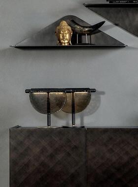 新中式创璃木纹板客厅艺术设玻计意师样房简约现QLN代卧室床头台