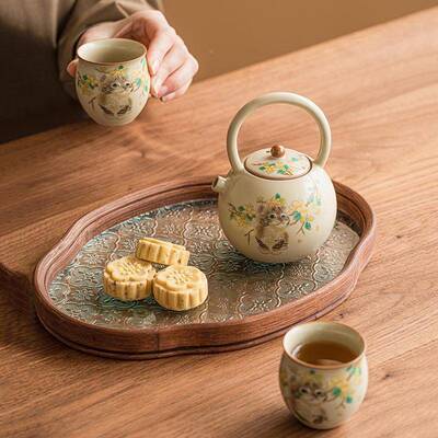 汝窑猫圆满提梁壶具套装家用泡茶茶茶AL777517壶萌单壶陶开瓷片可