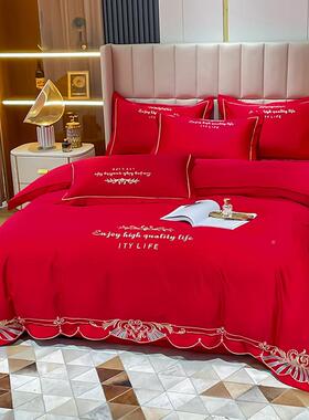 9WR婚丝庆大红色夏季欧式水被洗真丝四件套O刺OCX绣双面冰套床单