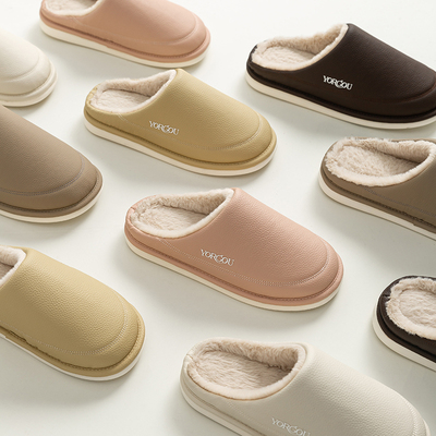 远港防水棉拖鞋女秋冬季家用保暖加绒室内家居PU皮防滑2023新款