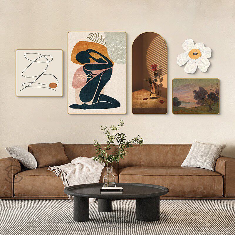 复古奶油风客厅沙发背景装饰画抽象光影花卉法式挂画静音钟表壁画