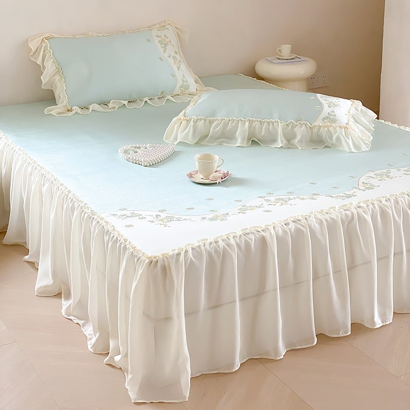 小清新夏季冰丝凉席三件套可水洗少女心刺绣床裙款1.5米m空调软席