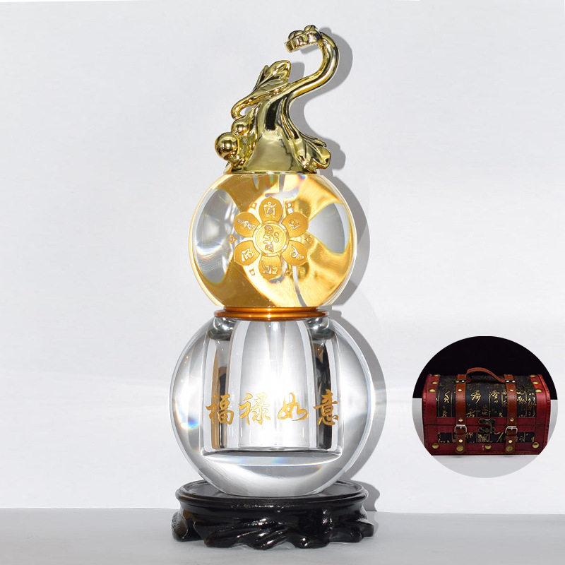 水晶球散件空心开口葫芦福禄如意工艺品木盒包装桌面摆件内嵌朱砂