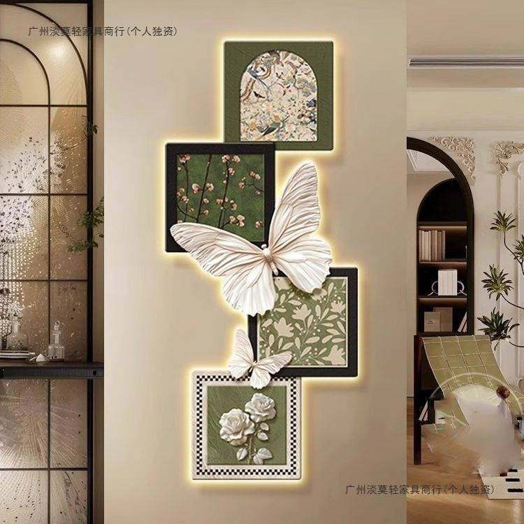 入户玄关装饰画法式中古风玫瑰蝴蝶壁灯客厅挂画复古走廊过道壁画