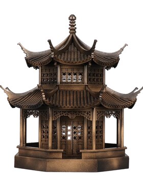 中式禅意古铜色建筑八角亭子木质工艺品售楼部样板间博古架摆件