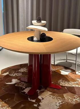 意式术圆餐桌木现代简约小KNO户型实餐桌法式创意艺漆圆烤形红色