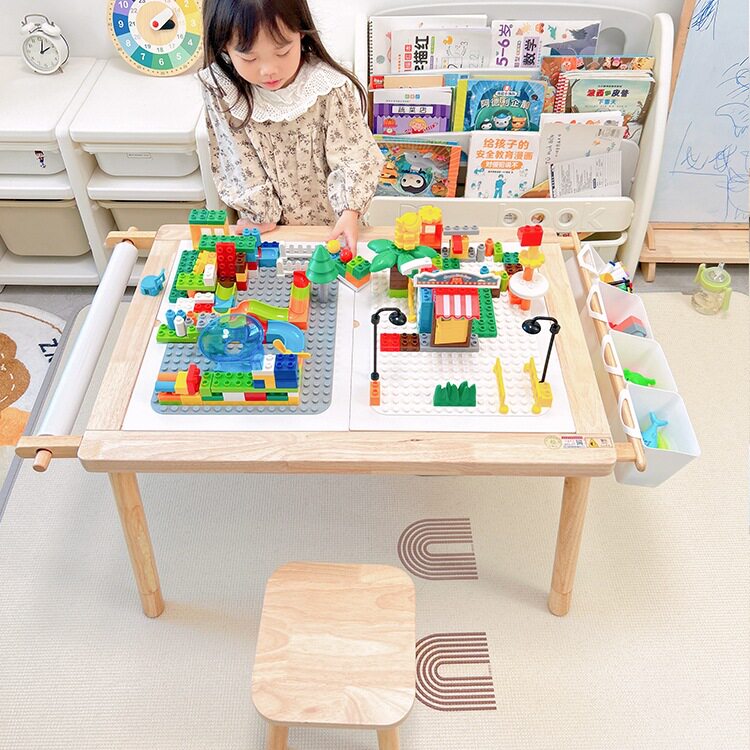 儿童实木积木桌宝宝花生桌幼儿可升降游戏玩具绘画多功能桌子绢花