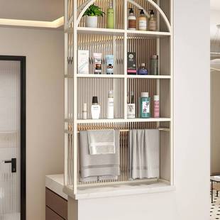 奶油风卫生间半墙玻璃屏风洗漱台玄关客厅干区置物架不锈钢隔断柜