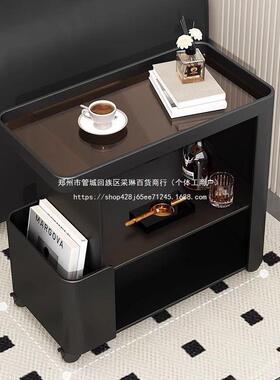 客动厅轻奢小PYO茶几铁艺带轮玻璃边推车可移网红黑色床头小柜沙