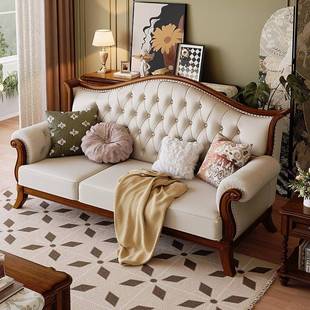 沙发老钱美式乡村经典复古风拉扣纳帕皮沙发别墅客厅组合实木沙发