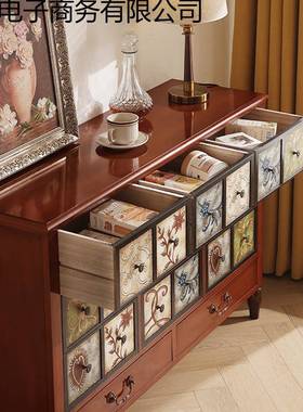 斗电柜木客厅彩绘实玄关柜视物柜美式复古储大容量阳台收纳抽JCQ