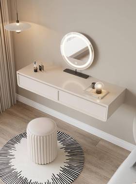 悬梳浮实木妆台书桌约脑桌一体卧室现代简70718小户型收电纳化妆