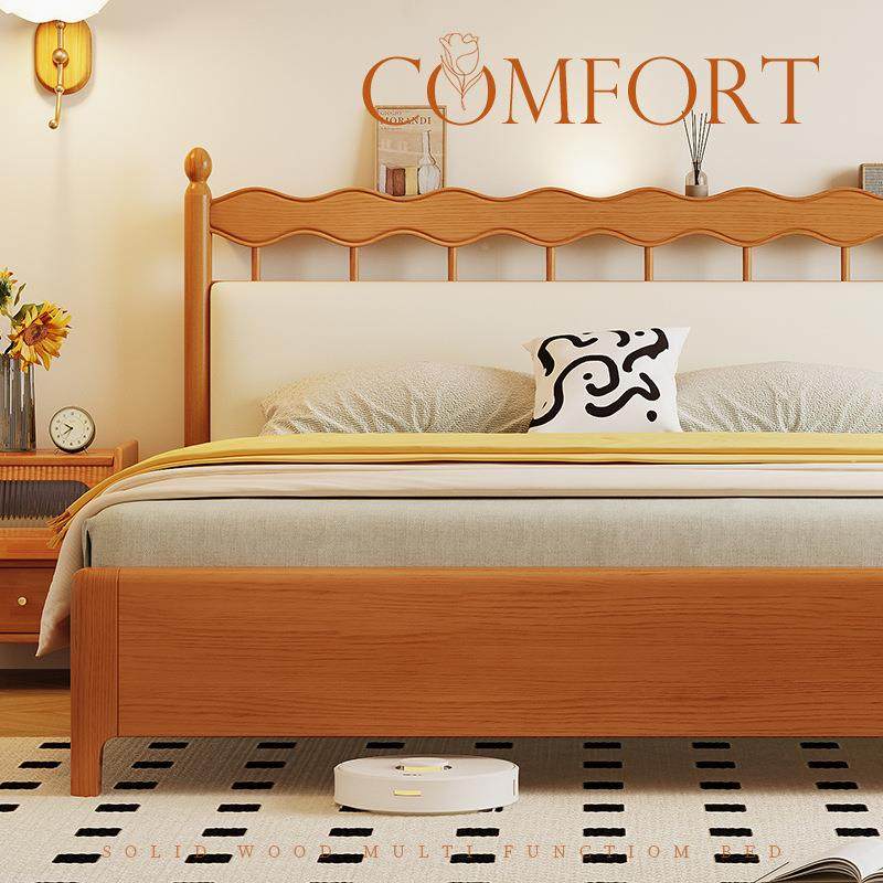 美式复古床次家用床软加床垫樱卧桃木色包单人纯无品牌/实木床1米