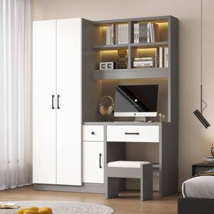 实木衣柜家用卧室带书桌一体组合小户型学生学习电脑桌连体衣橱