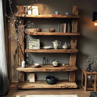 诧寂木风老边柜实木书示架落地子置架物架多层收纳DBP架茶具收纳