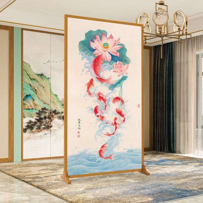 九鱼呈祥新中式屏风隔断墙客厅卧室遮挡家用现代玄关布艺移动座屏