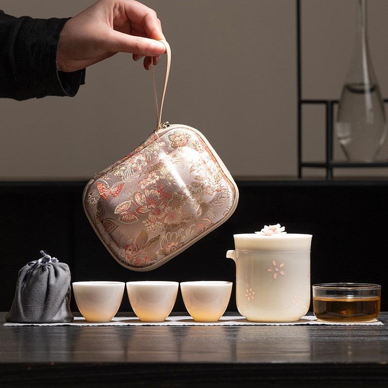 玉瓷玲珑旅行茶具套装一人饮女士捏花快客杯一壶三杯便携喝茶装备