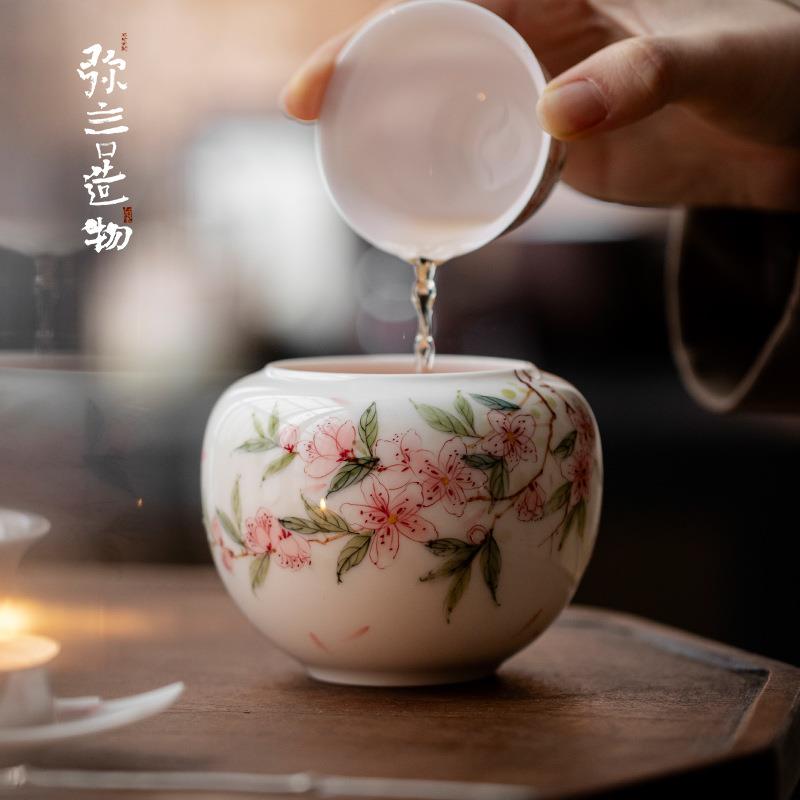 弥言纯手绘桃花陶瓷建水家用茶渣缸废水盂茶洗笔洗茶道配件小清新