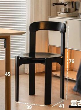 中古风黑色胡桃实木餐桌椅法式复古设计家具家用梳妆靠背圆形凳子