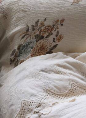 法式风镂大花边全棉色双层纱四件套空高织R水洗云绉皱皱纱端床品